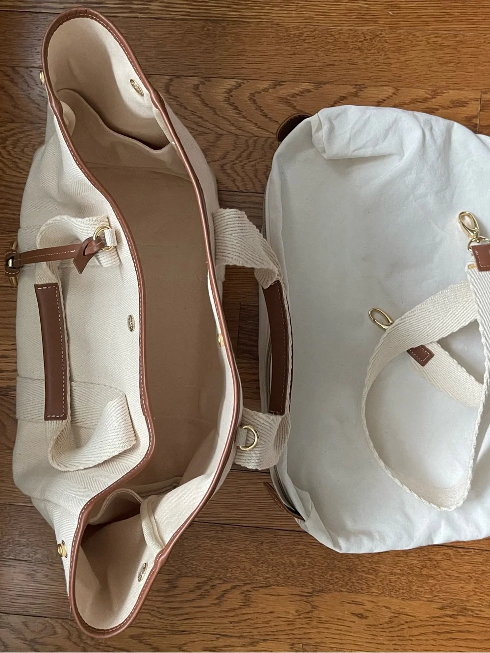 Cream Canvas Tote with Brown Trim and Gold Ring Accent